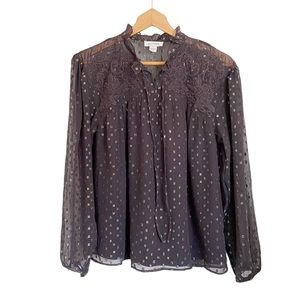 Calligraphie Long Sleeve Boho Dark Gray Metallic Lace  Embroidered Blouse size S